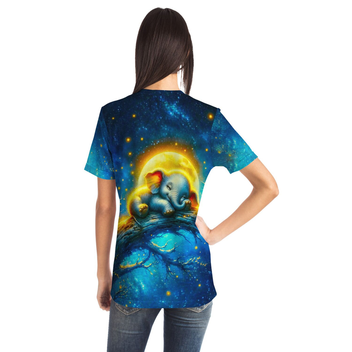 T-Shirt mit schlafendem Elefanten im Mondschein, ideal für Fans von Diamond Painting und Malen nach Zahlen Motiven.