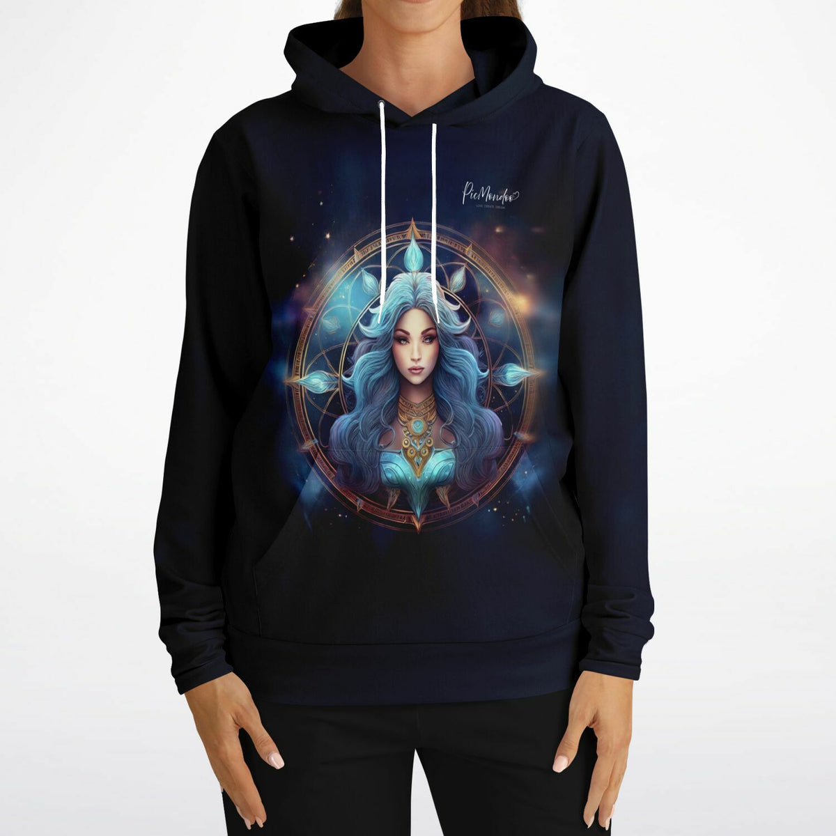 Schwarzer Hoodie mit Sternzeichen Jungfrau Motiv als hochwertiger All-Over-Print im galaktischen Design