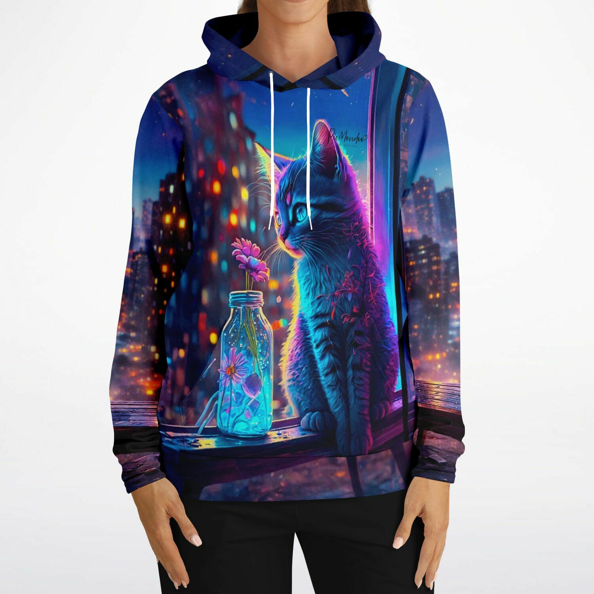 Dreamer Hoodie mit Little Cat of Flowers Motiv, inspiriert von Diamond Painting Kunst in bunten Neon-Farben