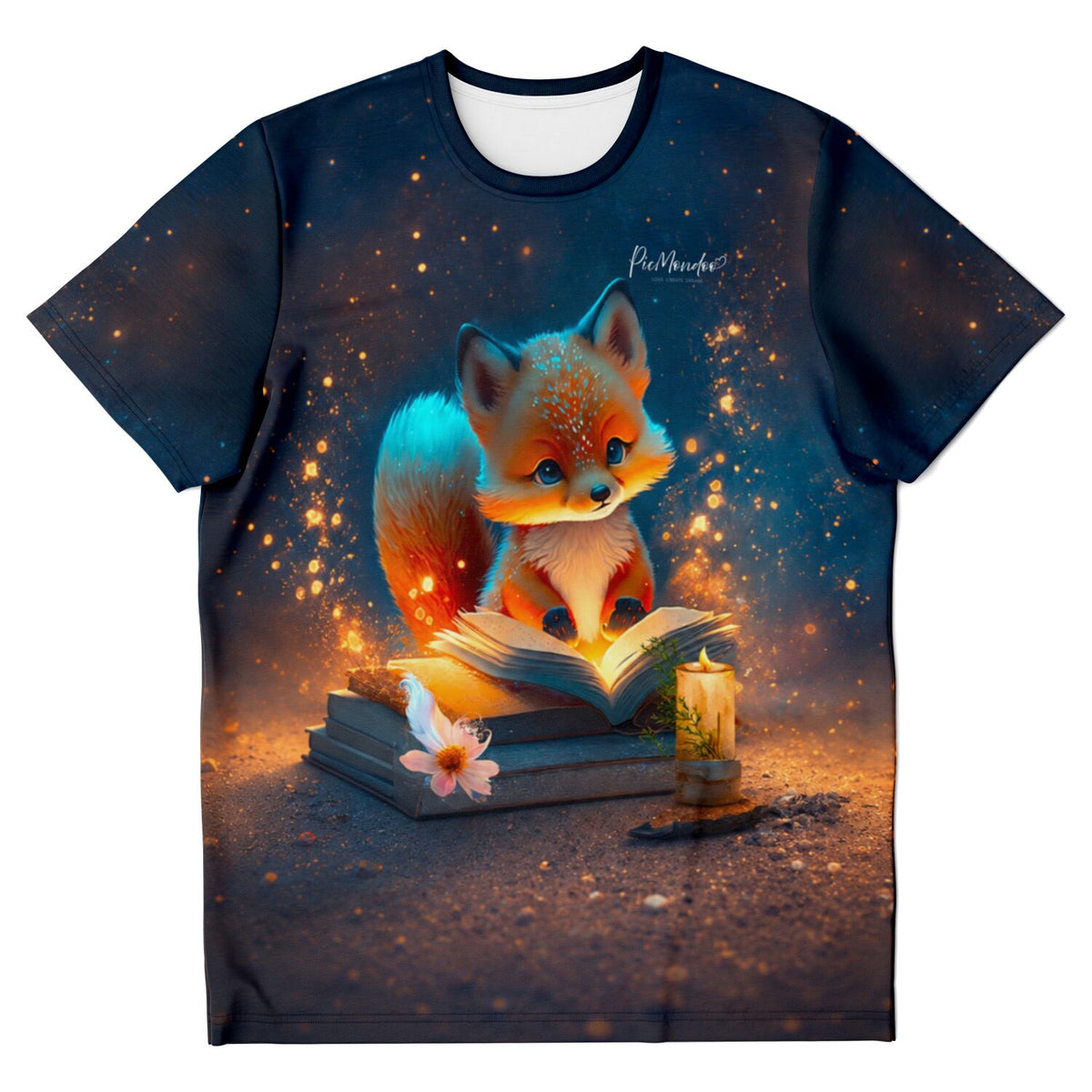T-Shirt mit Fuchsmotiv, lesend auf Büchern, passend zum Diamond Painting und Malen nach Zahlen Stil von Picmondoo