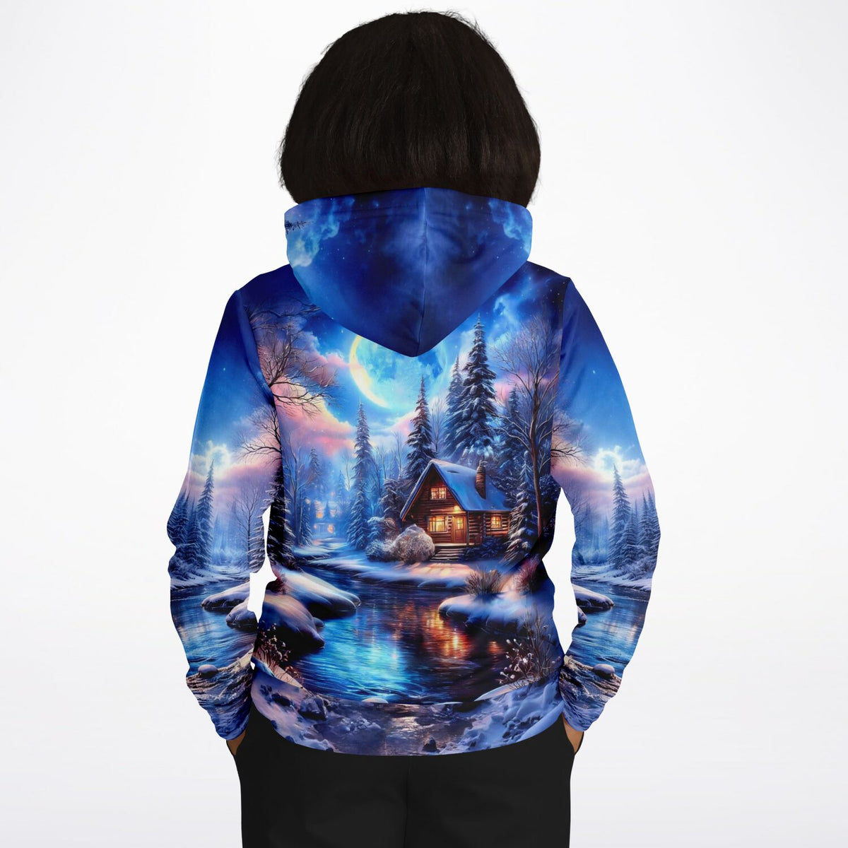 Dreamer Hoodie mit winterlicher Wald- und Hüttenlandschaft im Stil beliebter Diamond Painting Motive