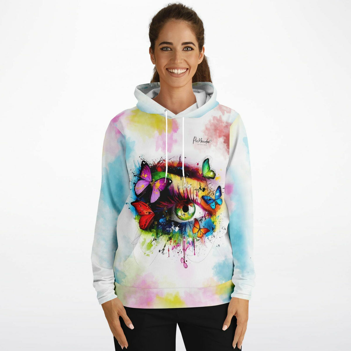 Frau trägt bunte Dreamer Hoodie mit Eye-of-Butterflies-Motiv im Malen-nach-Zahlen-Stil von Picmondoo
