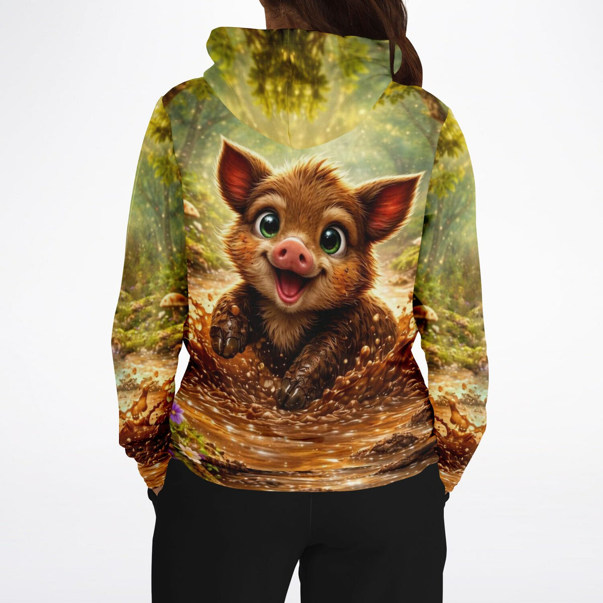 Dreamer Hoodie Pfützenglück mit niedlichem Wildschwein Motiv im Wald, ideal für Fans von Malen nach Zahlen und Kunst.