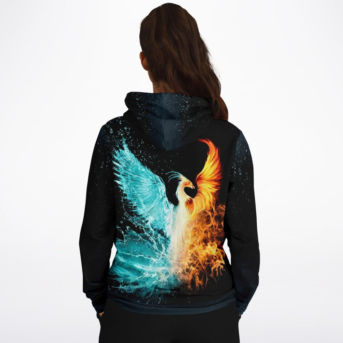 Schwarzer Dreamer Hoodie mit Phönix-Print aus Feuer und Wasser-Elementen für Fans von Diamond Painting und Kunst