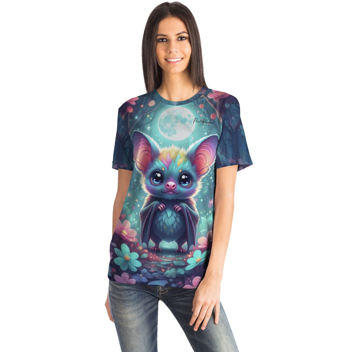 Frau trägt Dreamer T-Shirt Freddy Fledermaus im bunten Diamond Painting und Malen nach Zahlen Stil