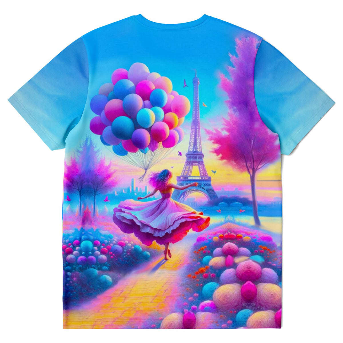 T-Shirt mit verträumtem Paris-Motiv, tanzendes Mädchen, bunte Luftballons und Eiffelturm in leuchtenden Farben.