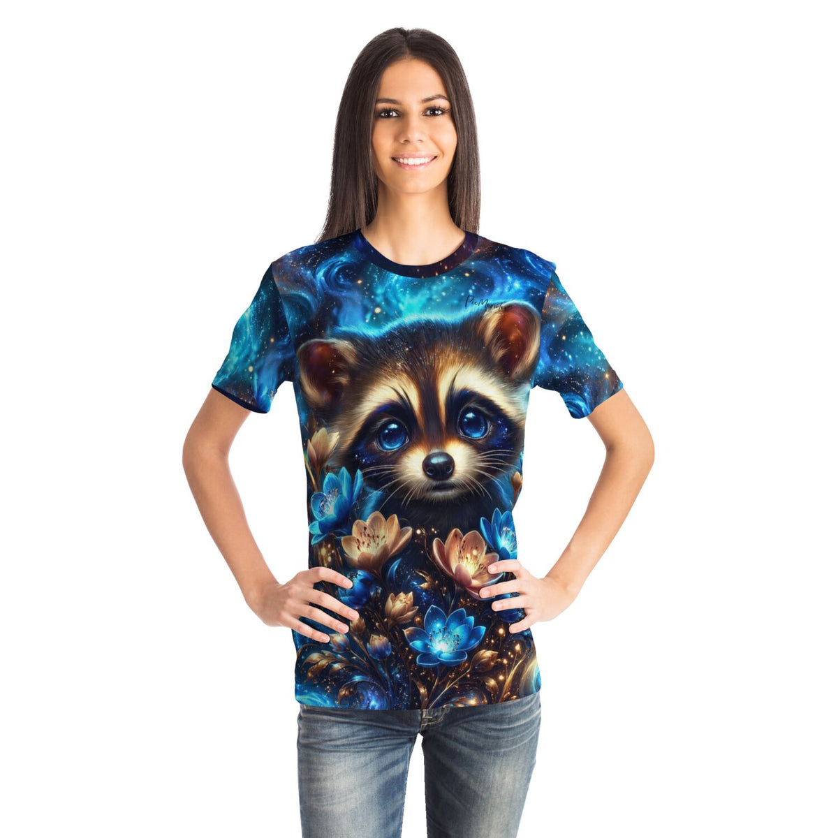 Frau trägt T-Shirt mit Waschbär-Motiv im Stile von Diamond Painting und Malen nach Zahlen mit leuchtenden Blumen