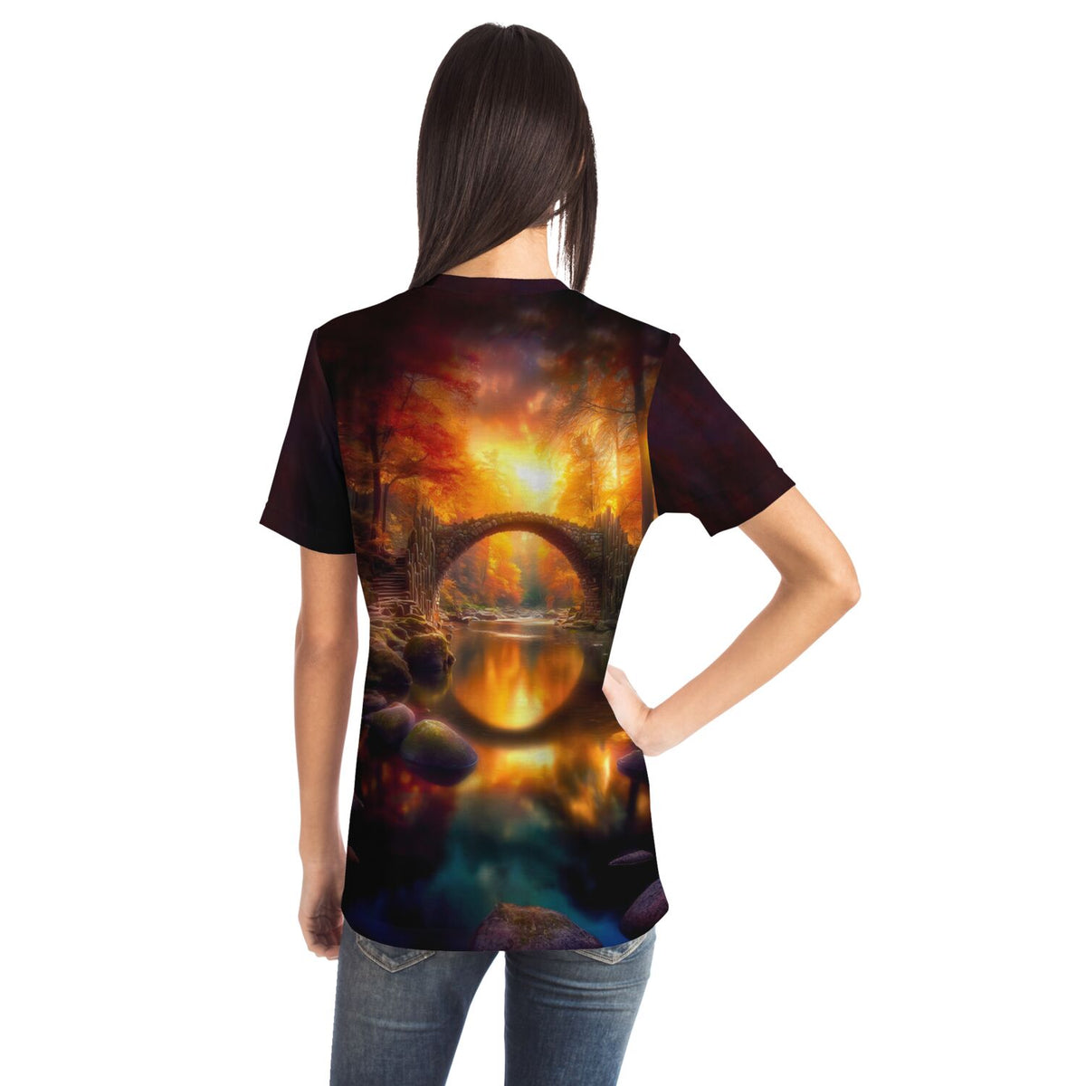 T-Shirt mit Brücke der ewigen Stunde Motiv, das auch in Diamond Painting oder Malen nach Zahlen Sets beliebt ist.
