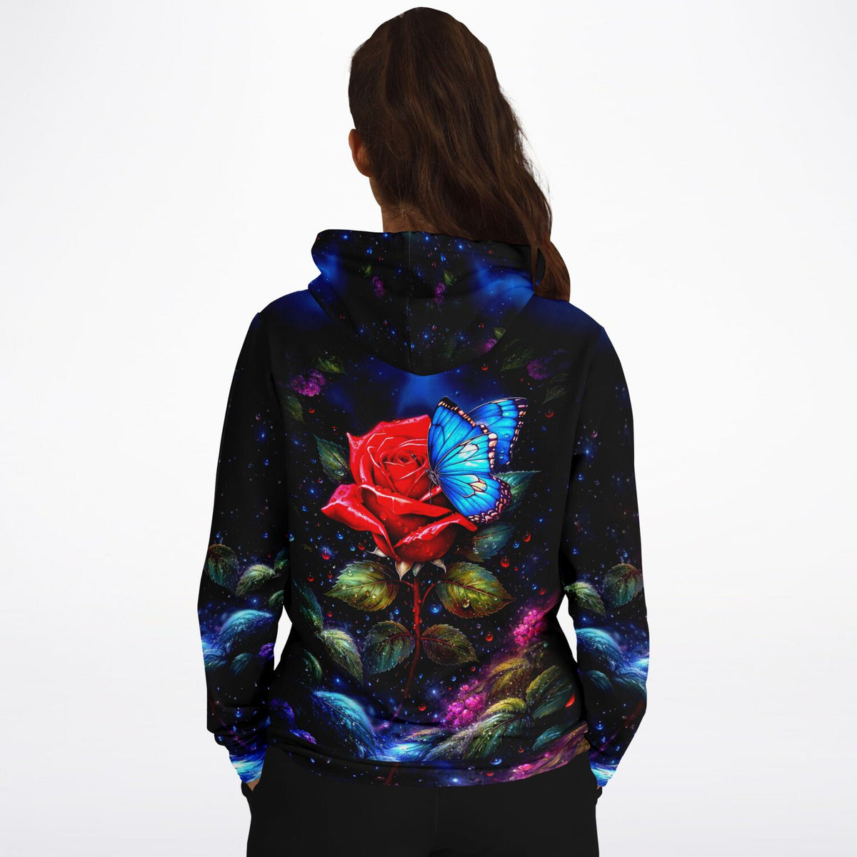 Dreamer Hoodie mit leuchtender roter Rose und blauem Schmetterling im Galaxy-Design für Fans von kreativen DIY-Motiven
