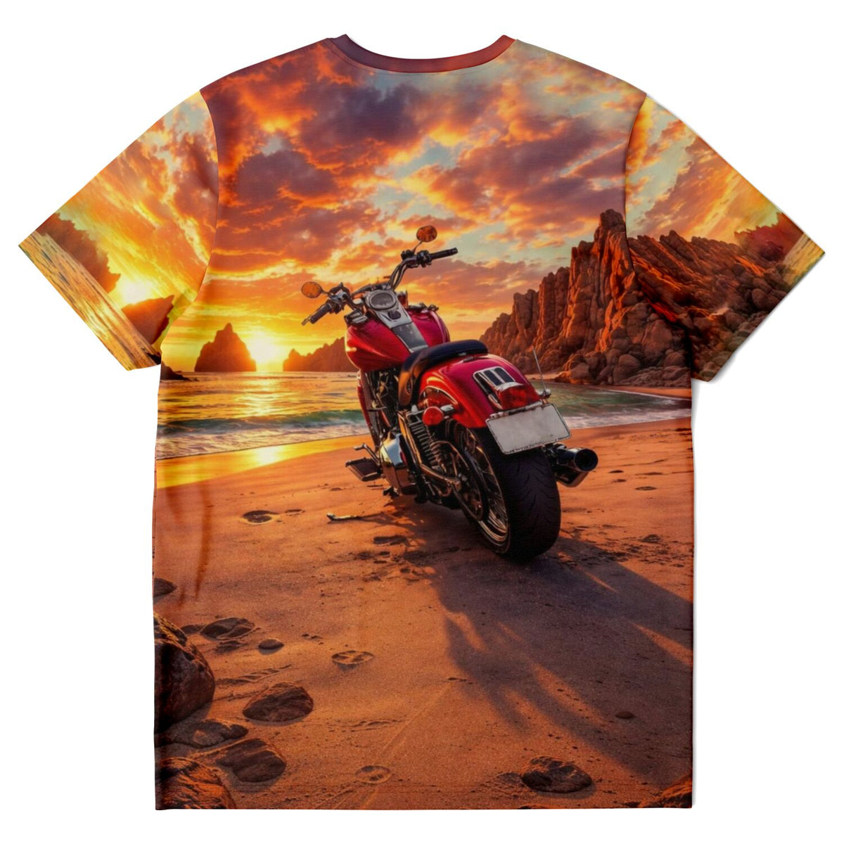 Dreamer T-Shirt mit Motorrad am Strand Sonnenuntergang Motiv, hochwertiger Sublimationsdruck
