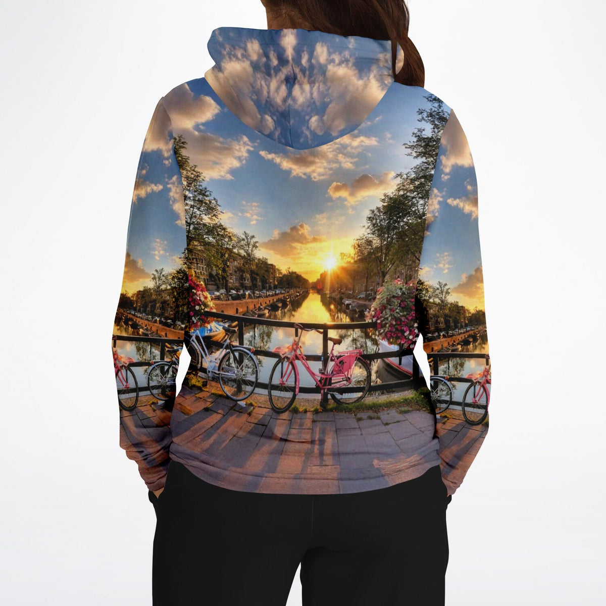 Dreamer Hoodie mit Amsterdam Grachten-Motiv und Sonnenuntergang, hochwertiger All-Over-Print für Kunstliebhaber