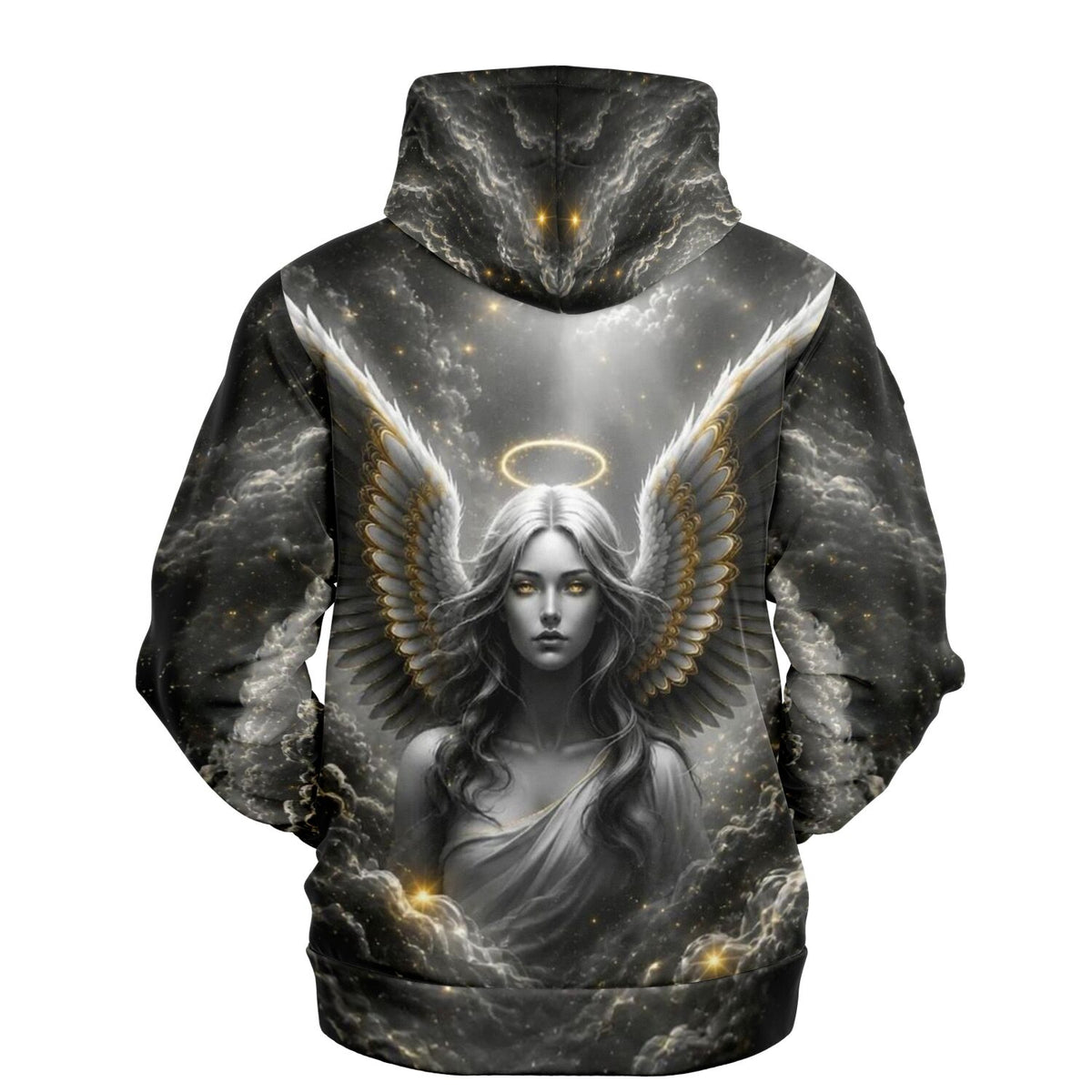 Schwarzer All-Over-Print Hoodie mit Golden Angel Motiv, inspiriert von faszinierenden Kunstwerken wie Diamond Painting.