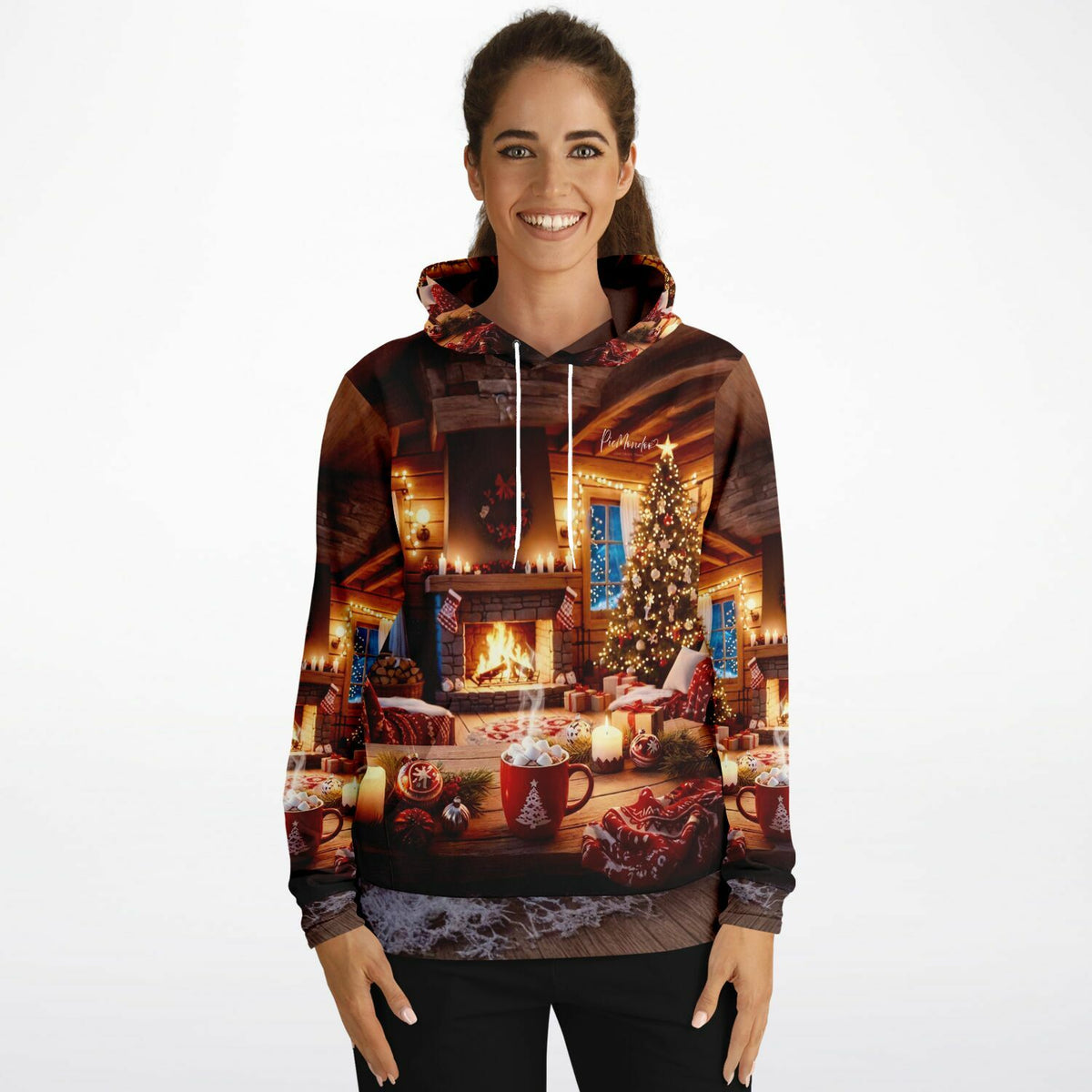 Frau trägt Hoodie mit weihnachtlichem Kamin-Motiv im Stil von Diamond Painting und Malen nach Zahlen Designs