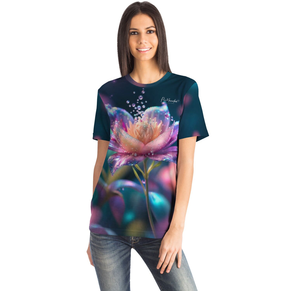 Frau trägt ein Picmondoo T-Shirt mit leuchtendem Sternentau-Blumenmotiv im Stil von Diamond Painting Kunstwerken
