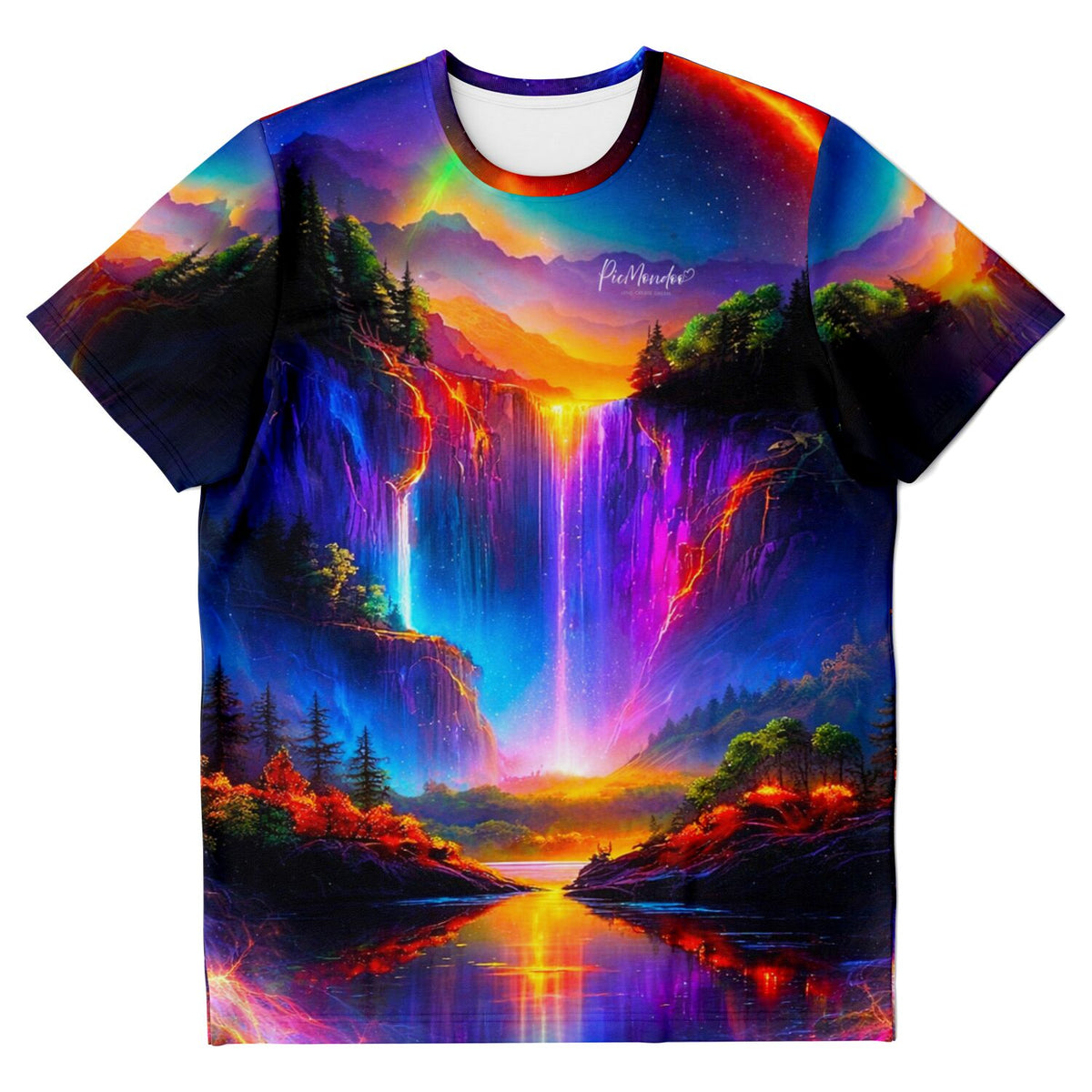 T-Shirt mit buntem Wasserfall-Motiv im Stil von Diamond Painting und Malen nach Zahlen Kunstwerken