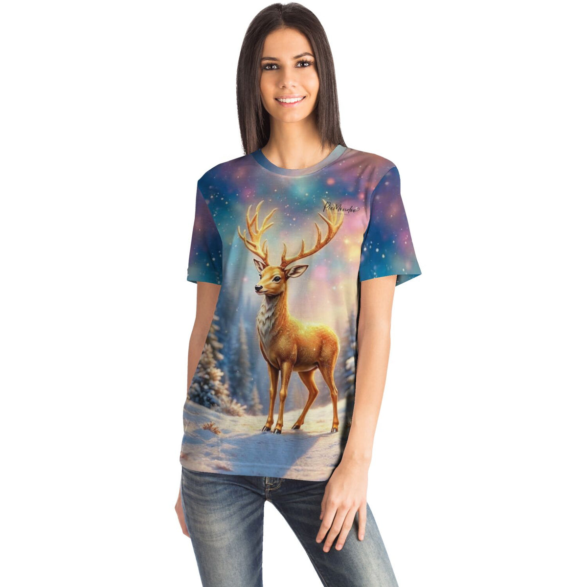 Frau trägt ein T-Shirt mit Hirsch-Motiv im Stil unserer Diamond Painting und Malen nach Zahlen Kunstwerke