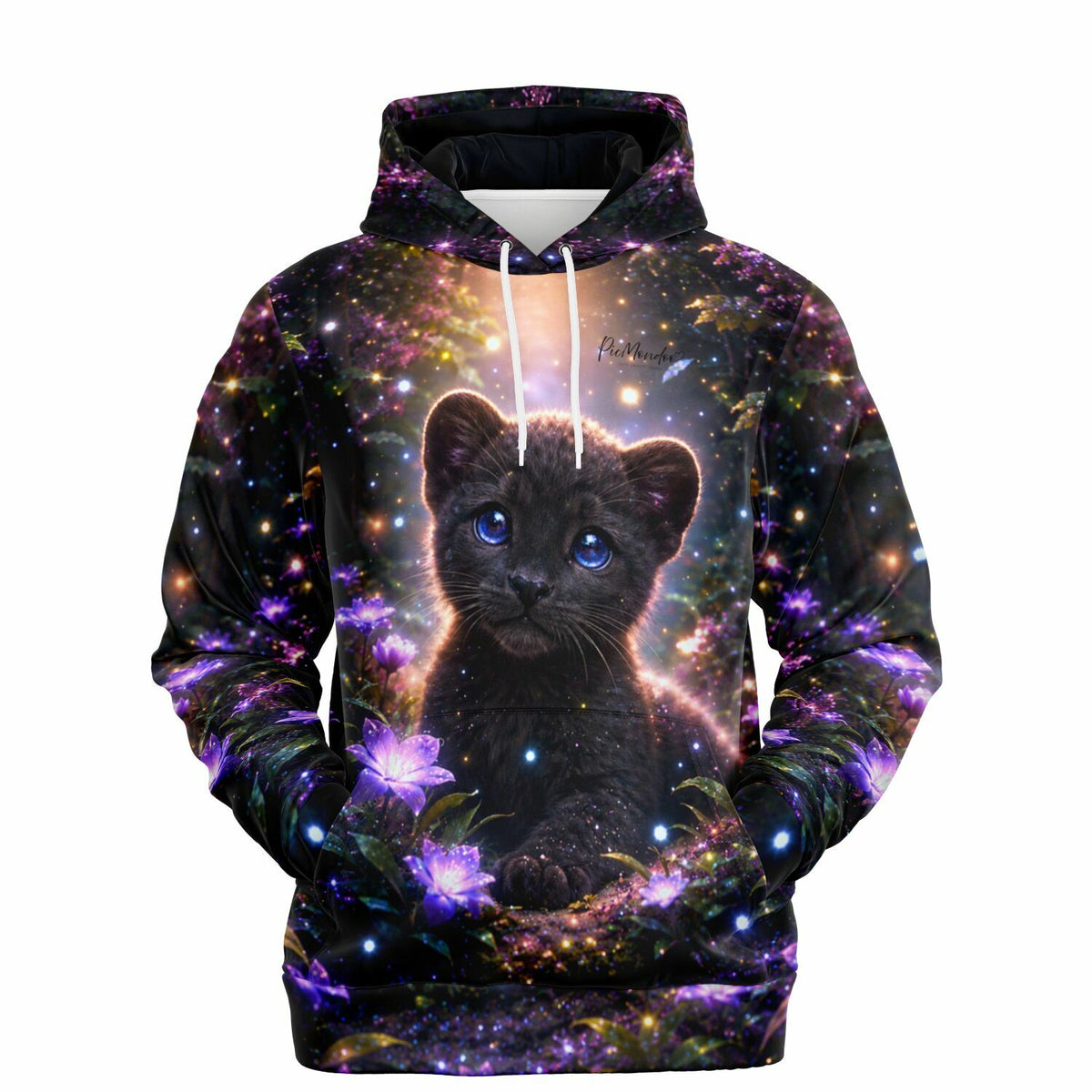 Dreamer Hoodie mit magischem Panther-Motiv und leuchtenden Blumen, passend zum Stil von Diamond Painting Kunstwerken.