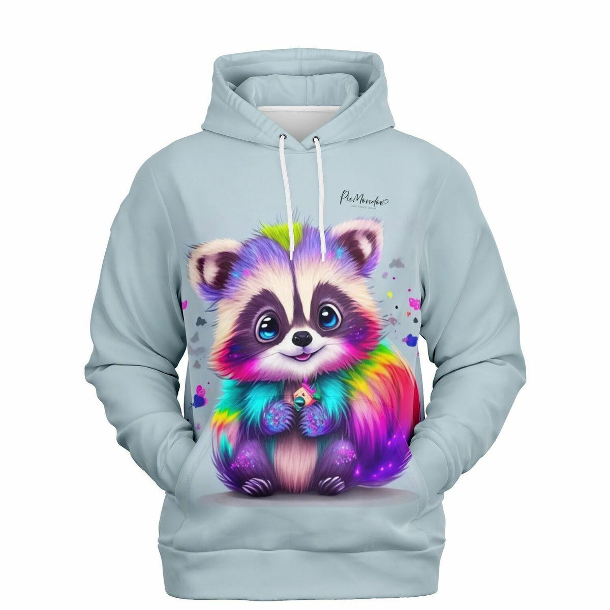 Hellblauer Hoodie mit buntem Waschbär-Motiv im Stil von Diamond Painting und Malen nach Zahlen Kunstwerken
