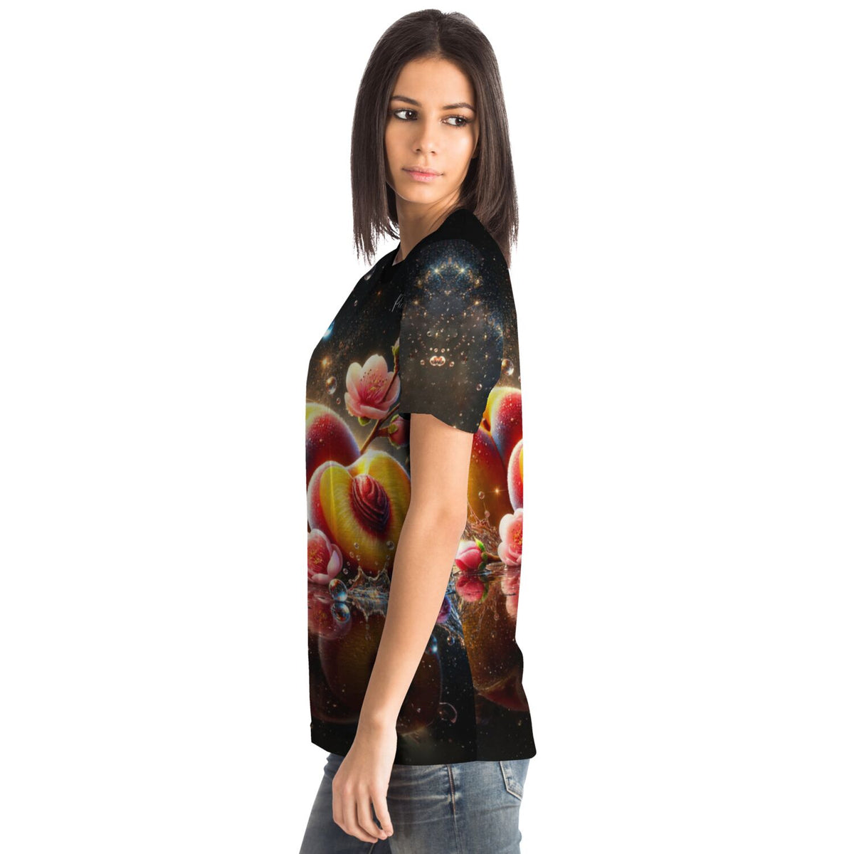 Dreamer T-Shirt mit künstlerischem Pfirsich-Motiv, das stilistisch an ein Diamond Painting oder Malen nach Zahlen erinnert.