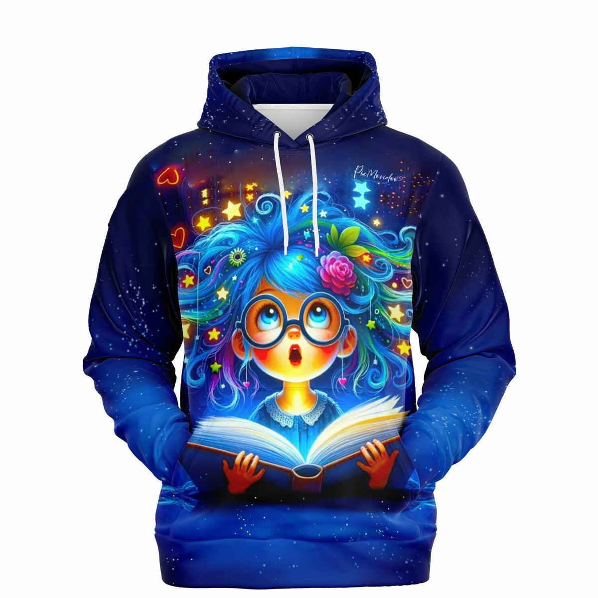 Dreamer Hoodie mit Lesemaus Josephine Motiv in leuchtenden Farben, inspiriert von Diamond Painting Kunstwerken