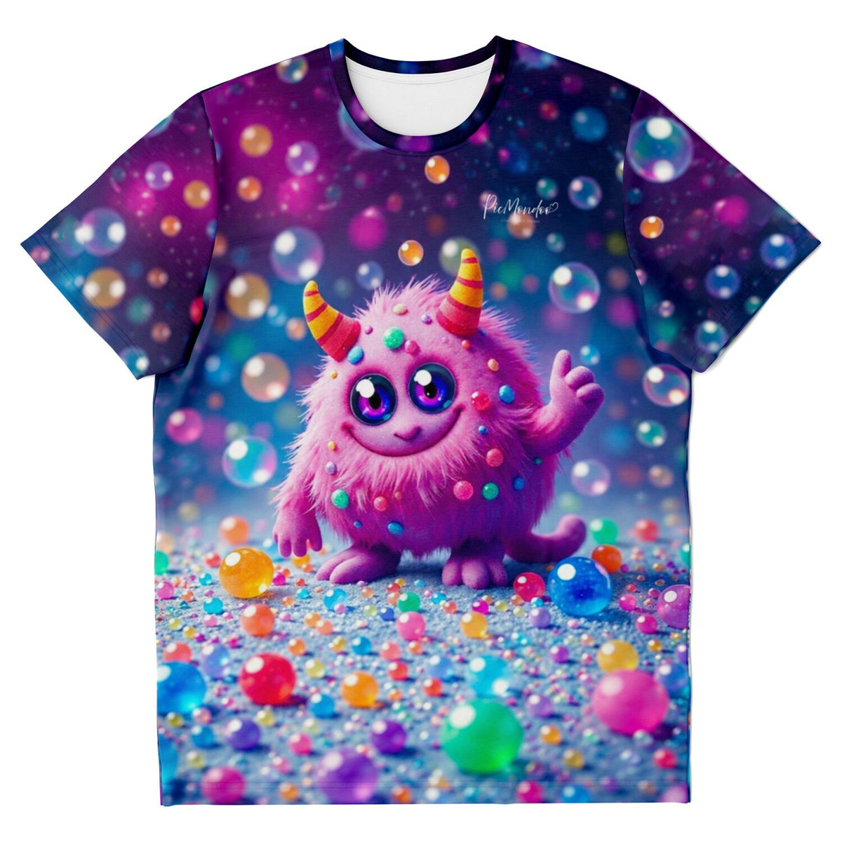Dreamer T-Shirt mit flauschigem pinken Monster Design, bunten Kugeln und leuchtendem Hintergrund für DIY-Fans