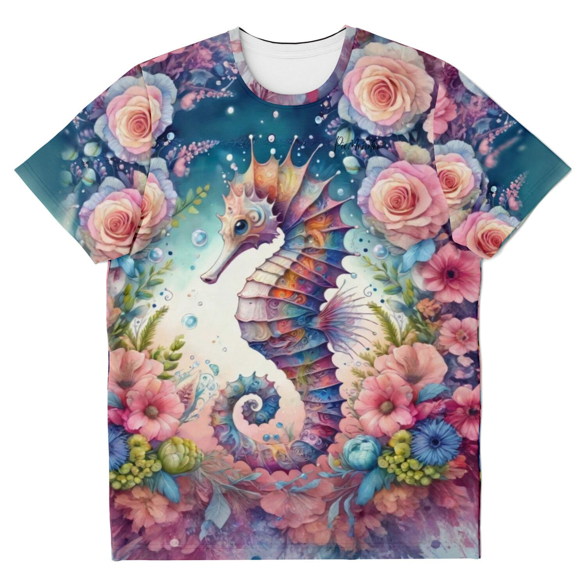 T-Shirt mit Seepferdchen-Motiv und bunten Blüten, inspiriert durch Diamond Painting und Malen nach Zahlen Designs