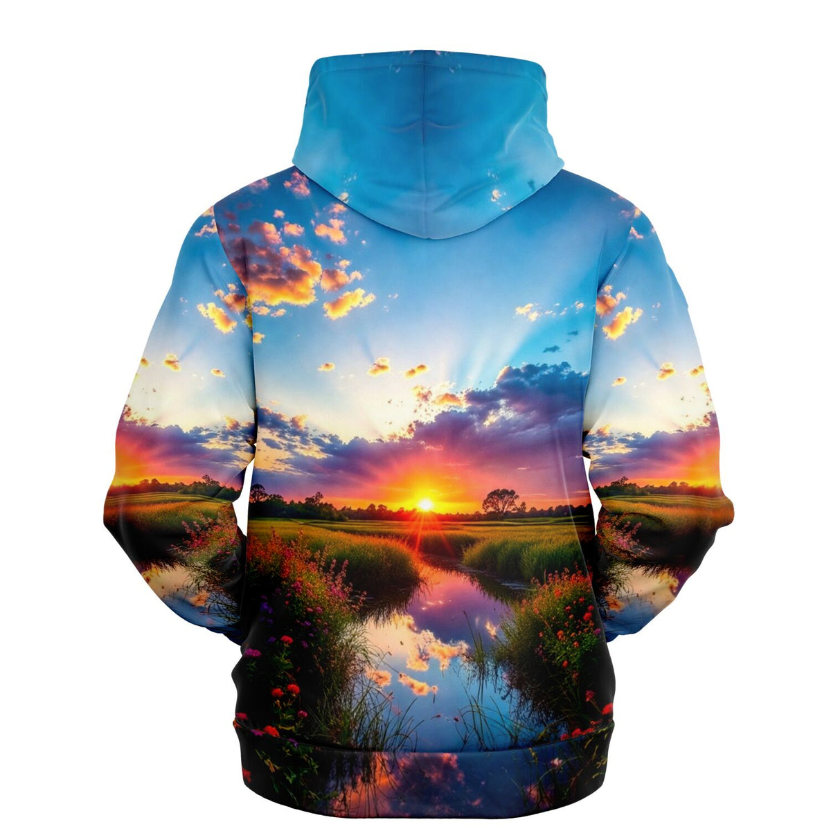 Dreamer Hoodie Morgenrot mit vollflächigem Sonnenaufgang-Print im Stil von Malen nach Zahlen und Diamond Painting Motiven