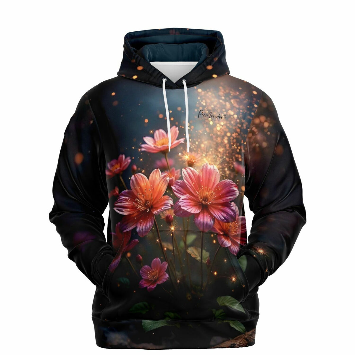 Schwarzer Dreamer Hoodie mit leuchtendem Blumen-Design, das an Diamond Painting Motive und Malen nach Zahlen erinnert.
