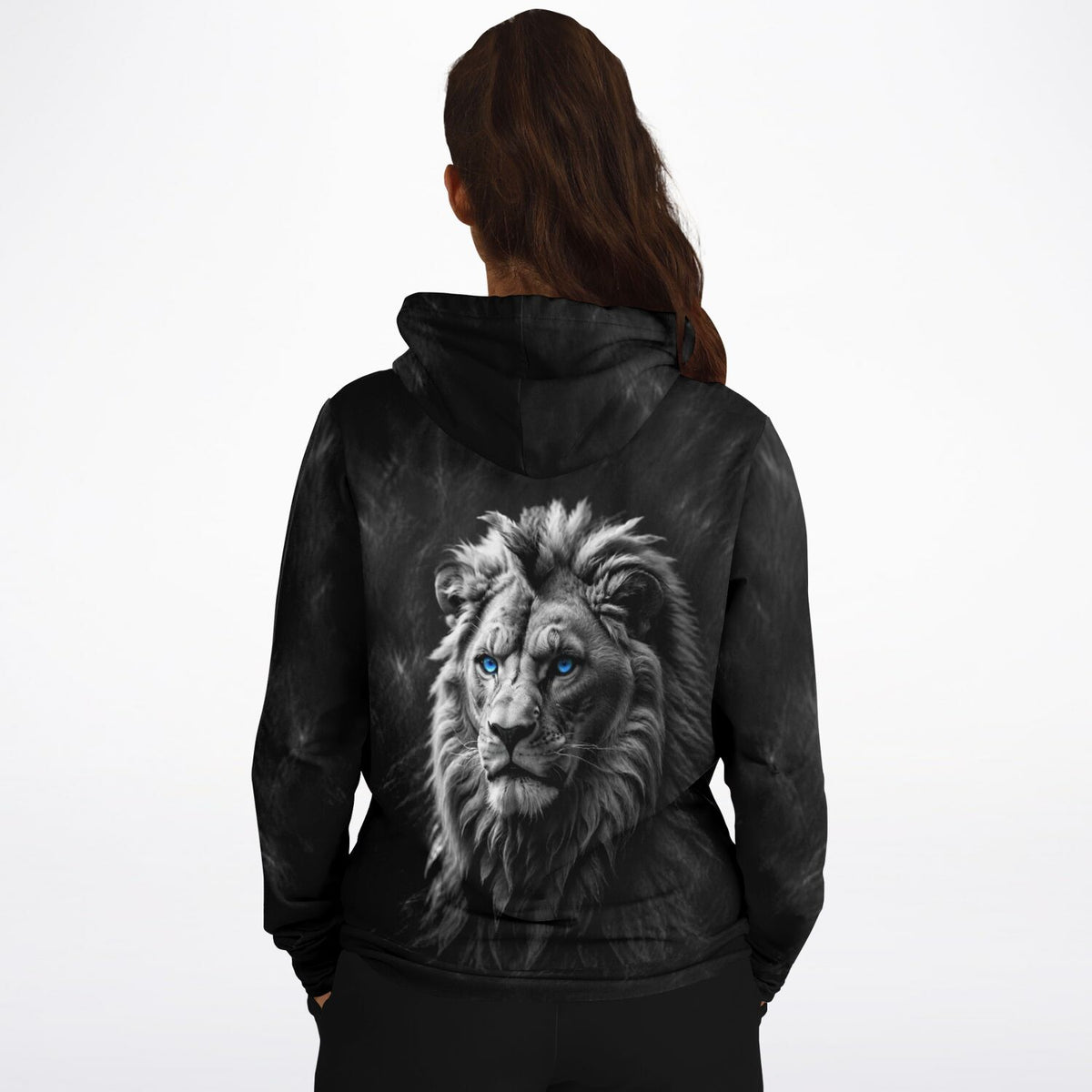 Schwarzer Dreamer Hoodie für Erwachsene mit Löwen-Print und markanten blauen Augen im Kunstdruck-Stil
