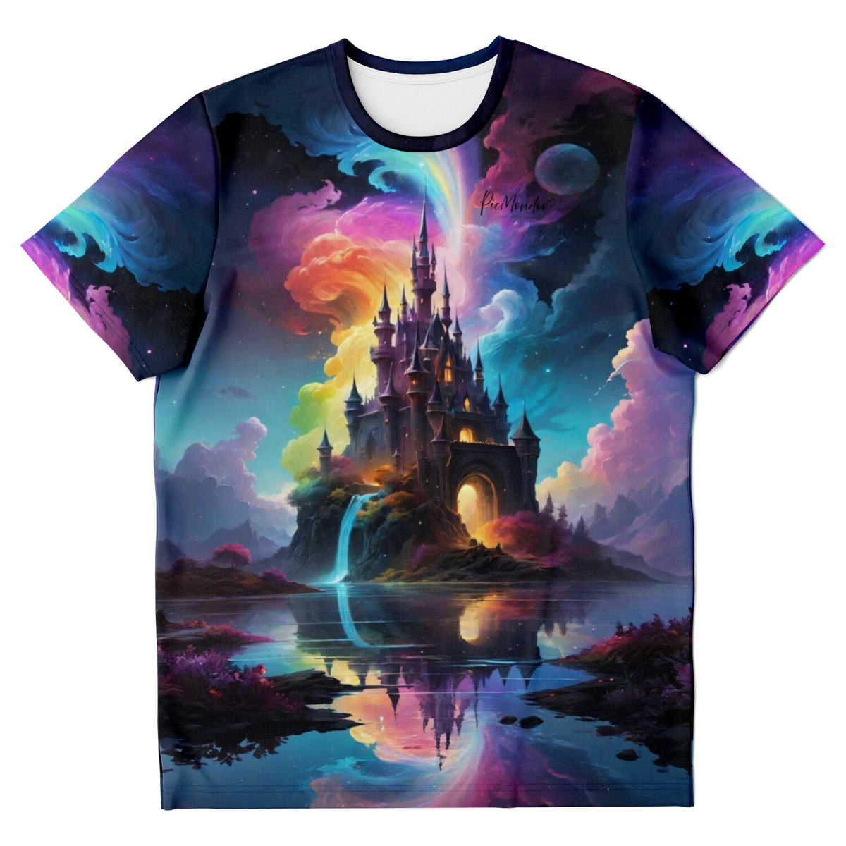 T-Shirt mit Zauberschloss-Motiv im Stil von Diamond Painting, bunte Galaxie-Farben und magische Schloss-Landschaft