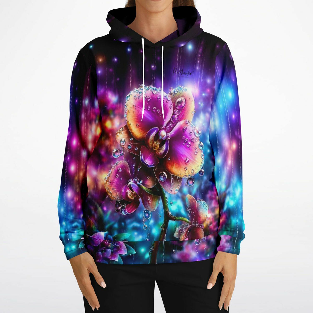 Dreamer Hoodie Regenkuss mit farbenfrohem Orchideen-Motiv in Diamond Painting Optik auf blau-violettem Hintergrund