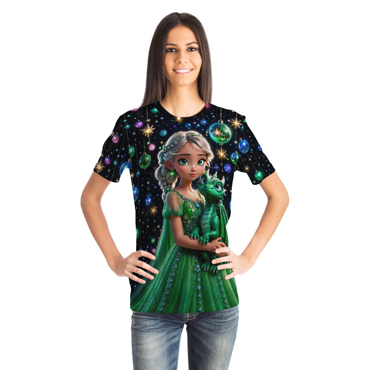 Frau trägt ein T-Shirt mit Dragon Girl Motiv im Stil von Diamond Painting und Malen nach Zahlen Kunstwerken