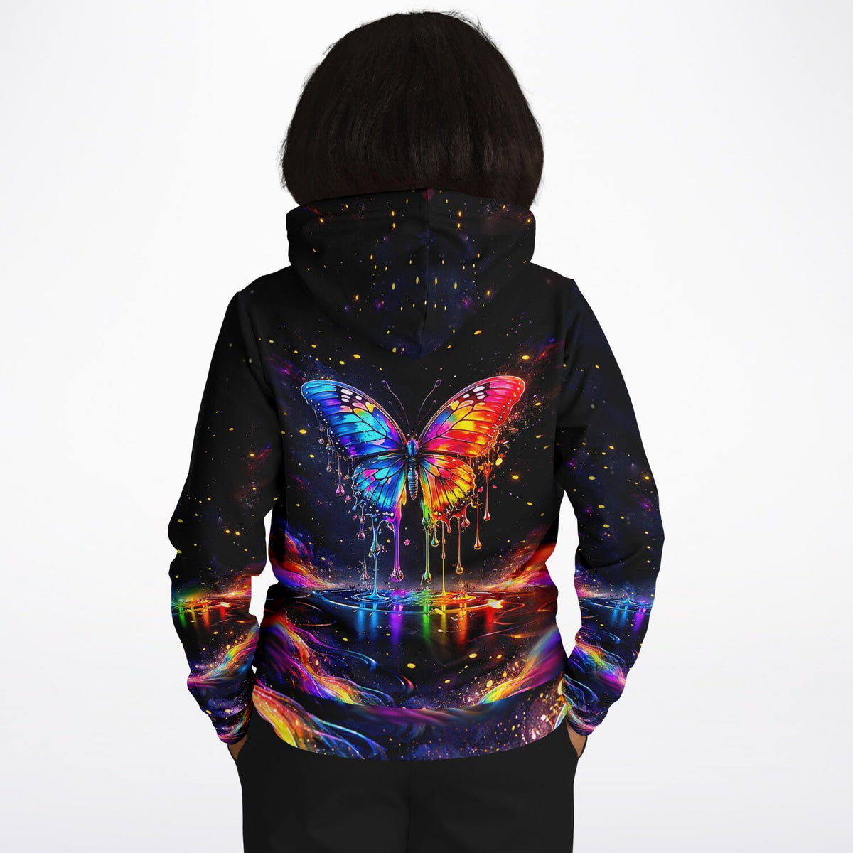 Schwarzer Hoodie mit buntem Waterdrop-Schmetterlings-Print, der an farbenfrohe Kunstmotive wie Diamond Painting erinnert.