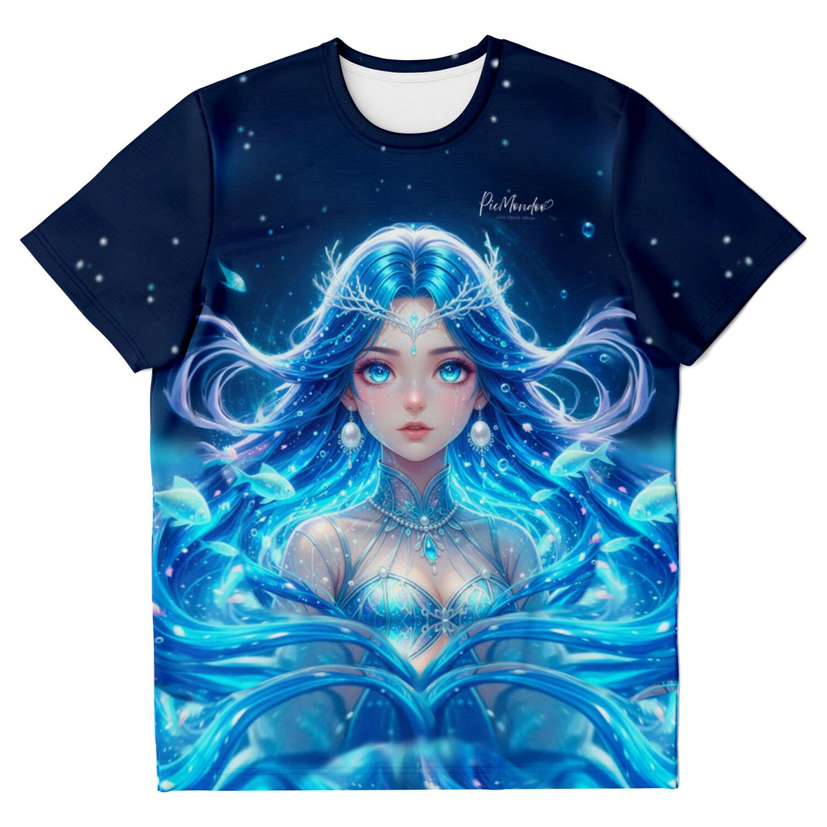 Blaues Dreamer T-Shirt mit Nerelya Hüterin der Tiefe, im Stil unserer beliebten Diamond Painting und Malen nach Zahlen Sets