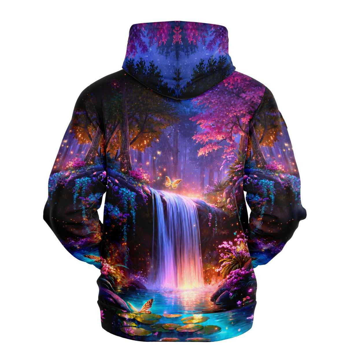 Dreamer Hoodie mit Hain der erwachten Farben Motiv, wasserfallartiges Fantasy-Design in bunten Farben und Schmetterlingen