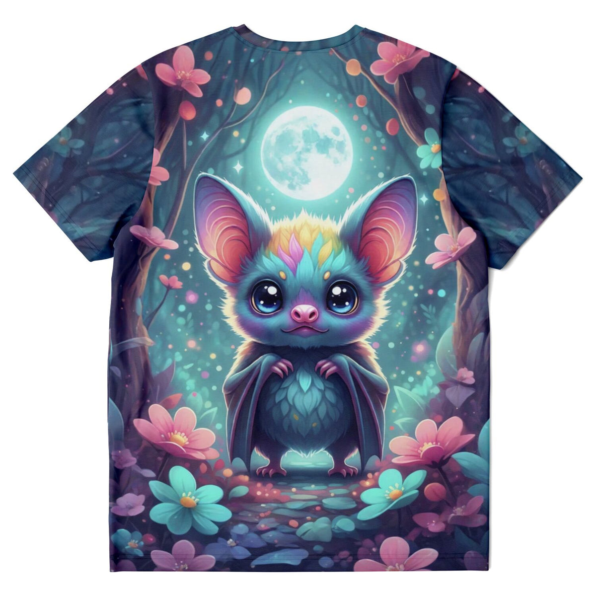 T-Shirt mit Freddy Fledermaus Motiv, inspiriert von Malen nach Zahlen und Diamond Painting Kunstwerken im nächtlichen Wald.