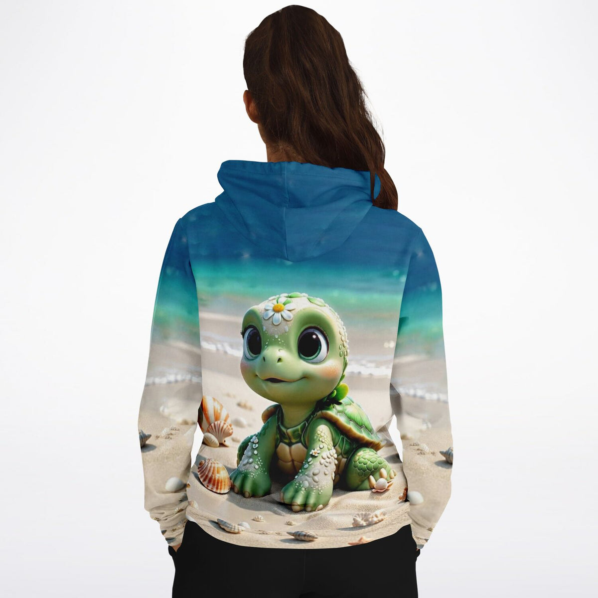 Dreamer Hoodie mit niedlichem Schildkröten-Motiv am Strand, AOP-Design ideal für Fans von Malen nach Zahlen und Kunst.