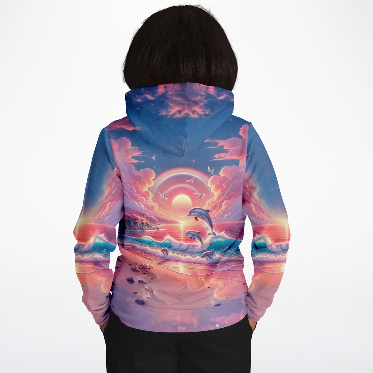 Dreamer Hoodie mit Delfin Motiv bei Sonnenuntergang, inspiriert von unseren beliebten Malen nach Zahlen Designs