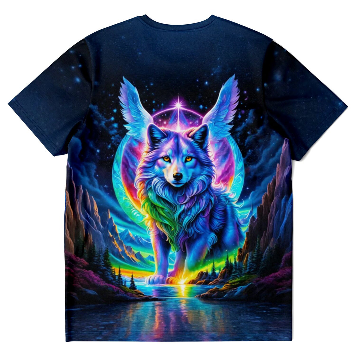 T-Shirt Dreamer: Geflügelter Wächter Wolf-Motiv in bunten Farben, inspiriert durch Diamond Painting Kunststile.