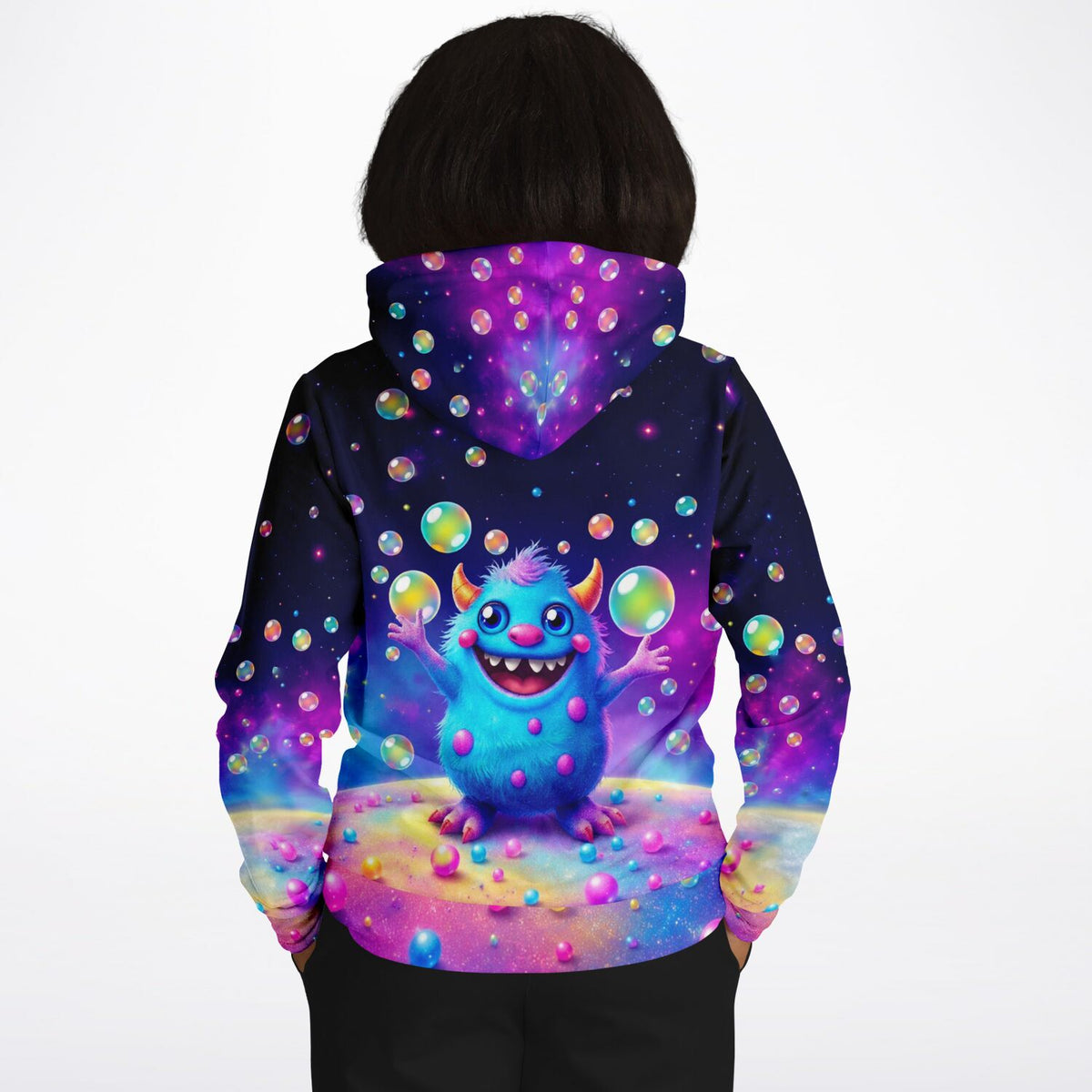 Dreamer Hoodie mit buntem Monster-Motiv und Seifenblasen im Galaxy-Design, ideal für Fans von Malen nach Zahlen und Kunst.