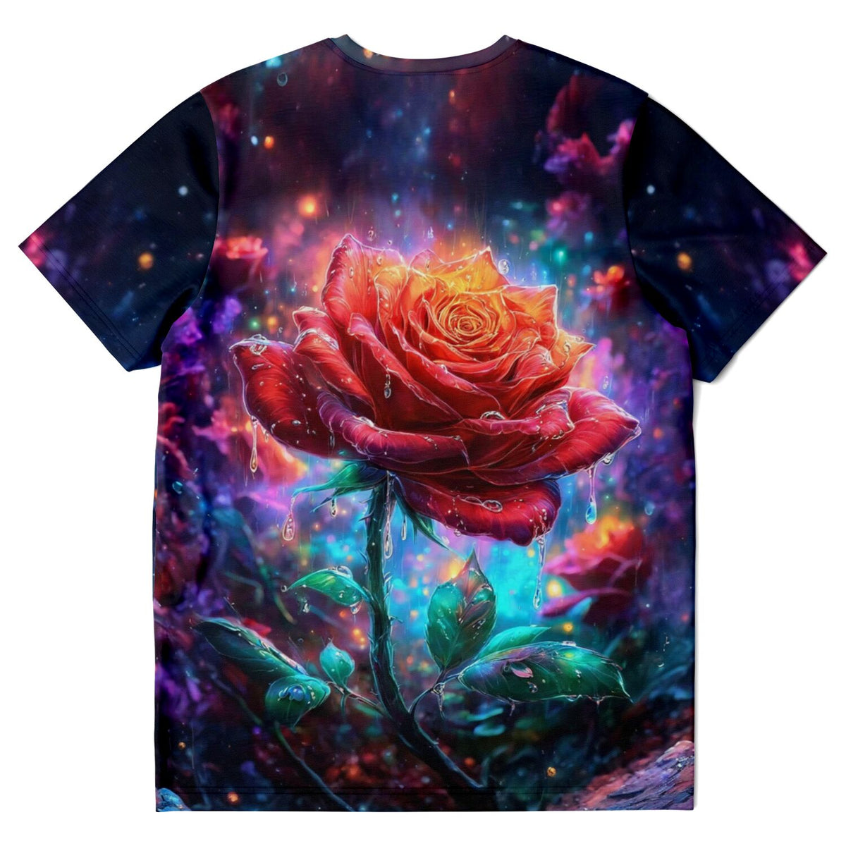 T-Shirt mit leuchtender roter Rose im Regen, inspiriert von Diamond Painting Ästhetik und lebendigen Farben