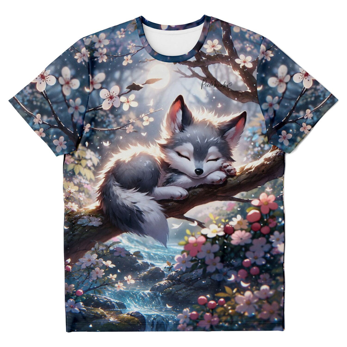 T-Shirt mit Yukis Frühling Motiv, schlafender Welpe in blühenden Kirschblüten, inspiriert durch Diamond Painting Kunst