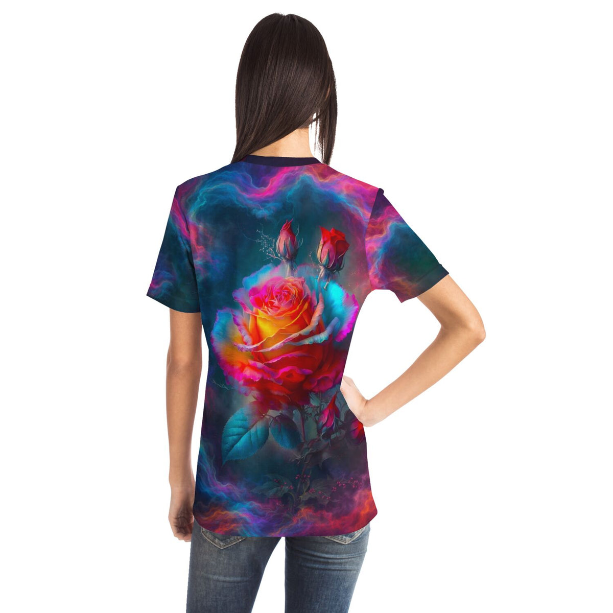 T-Shirt mit farbenfrohem Rosen-Motiv in leuchtendem Neon-Stil, ideal für Fans von Malen nach Zahlen und Diamond Painting