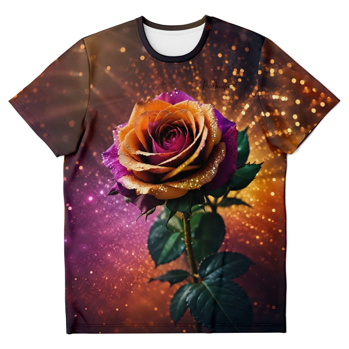 T-Shirt mit Colorful Rose Motiv im Stil von Diamond Painting Kunst und funkelndem Glitzer-Hintergrund