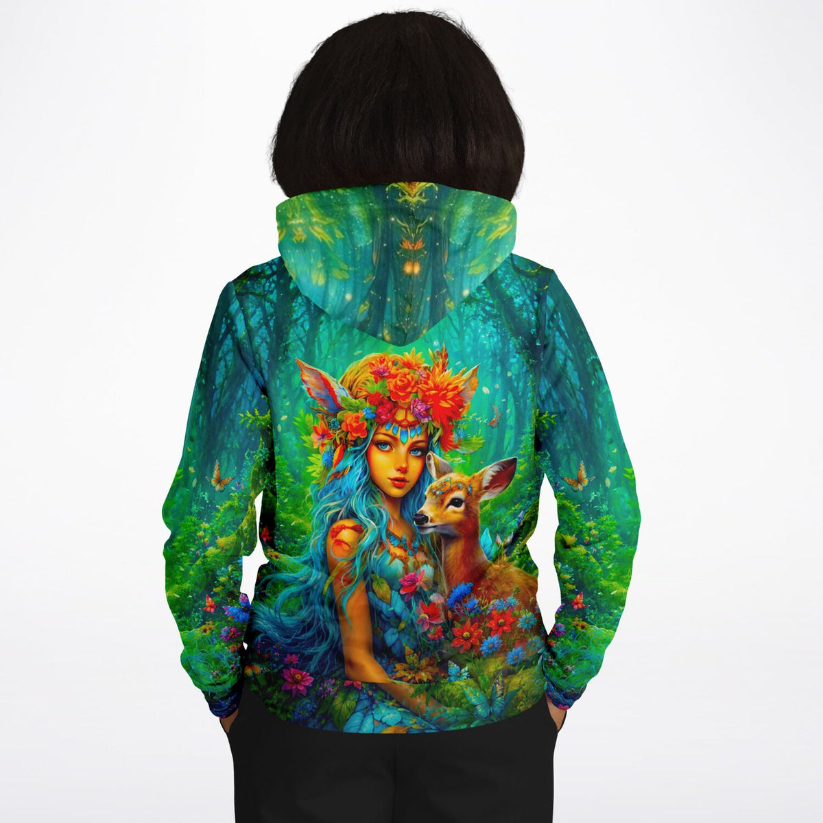 Dreamer Hoodie mit Waldmädchen Motiv, inspiriert von Diamond Painting und Malen nach Zahlen Designs in leuchtendem Grün