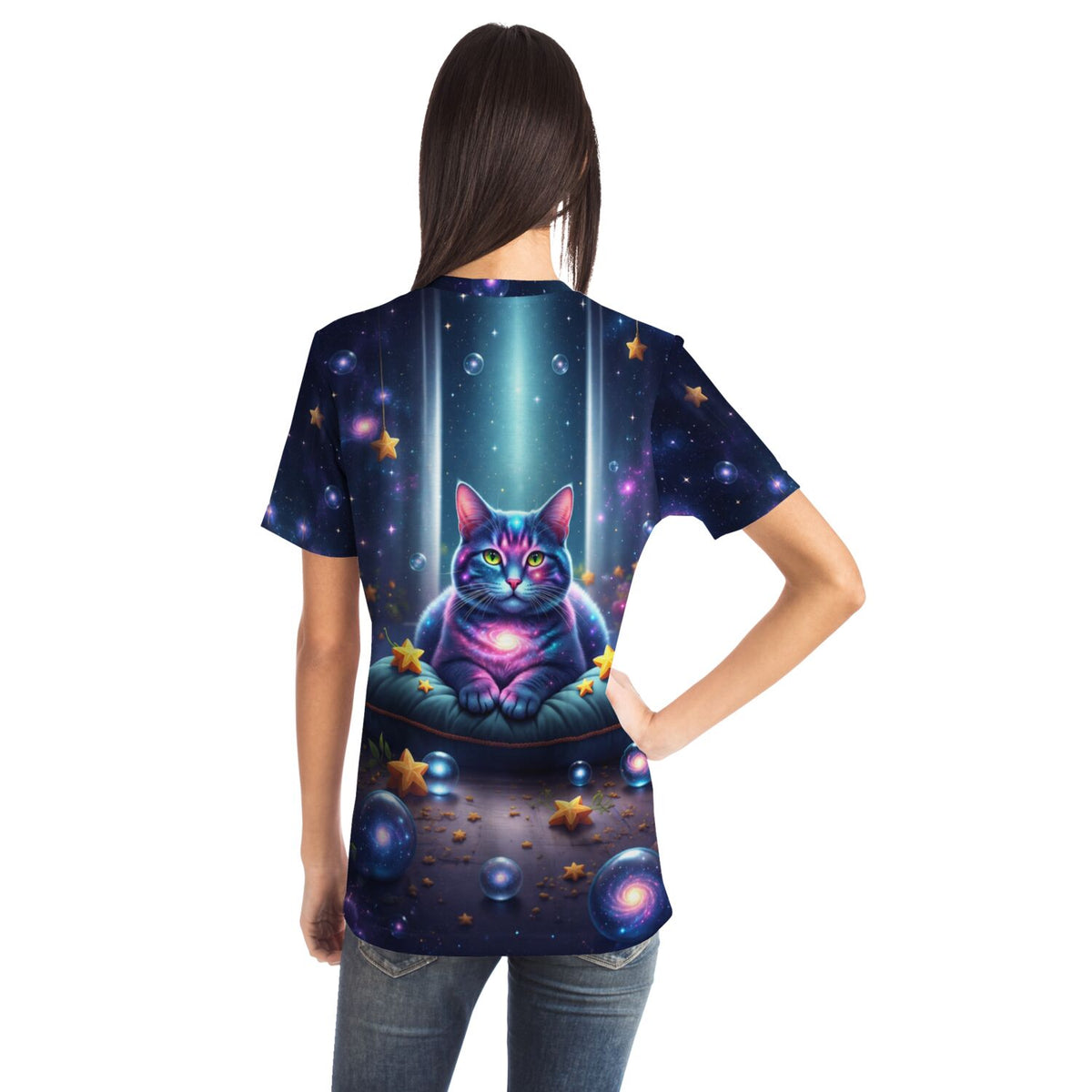 Dreamer T-Shirt Wächterin Andromeda mit farbenfroher Weltraum-Katze, ideal für Fans von Malen nach Zahlen und Diamond Painting