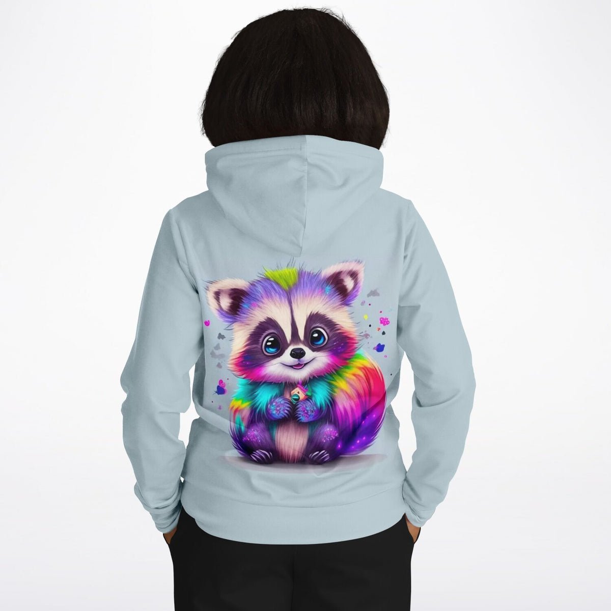 Hellblauer Hoodie mit buntem Waschbär-Motiv im Stil unserer Malen nach Zahlen und Diamond Painting Designs