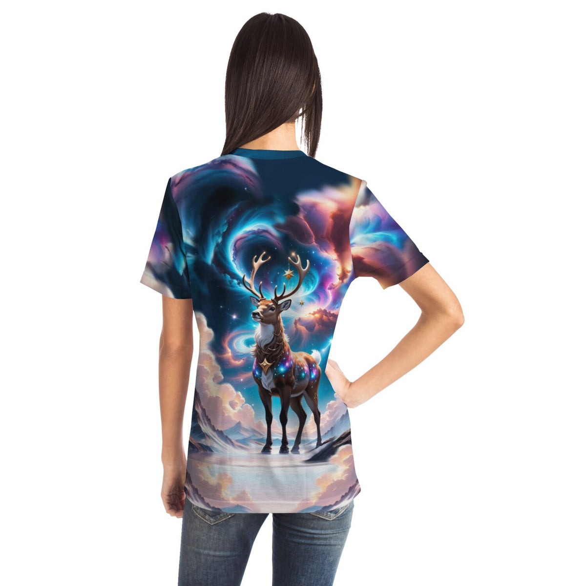 T-Shirt mit Rentier-Motiv im magischen galaktischen Abendzauber-Design, ähnlich einem Diamond Painting Kunstwerk