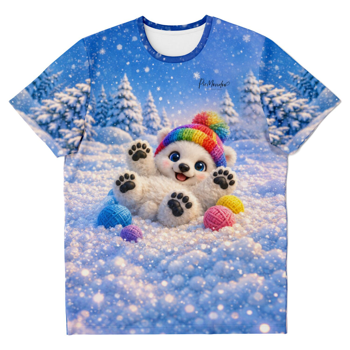 T-Shirt mit süßem Eisbär-Motiv in Regenbogen-Wintermütze, passend zu Diamond Painting und Malen nach Zahlen Designs
