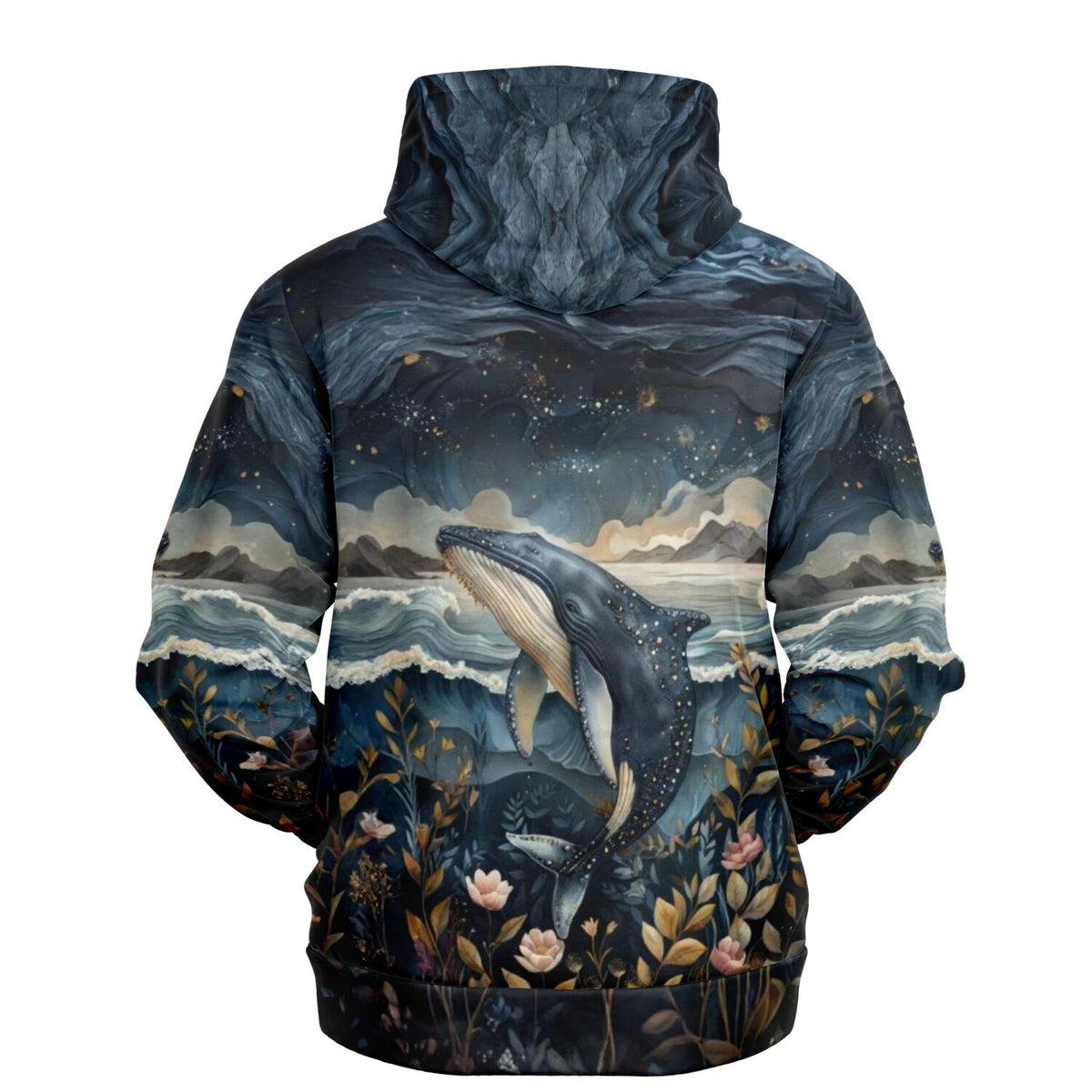 Dreamer Hoodie mit Meeresträume-Motiv: Ein springender Wal in einer nächtlichen Ozeanlandschaft mit Blumen und Sternenhimmel
